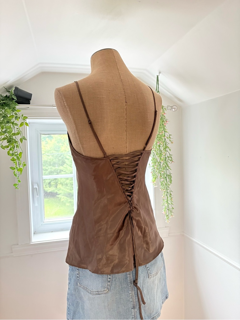 La Vie En Rose Brown Lace-Up Satin Cami